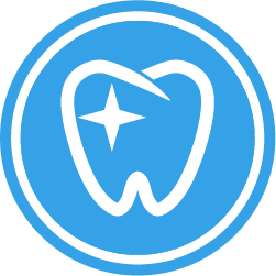 The image shows a blue circular icon with a white outline of a tooth in the center. Inside the tooth outline, there is a white star shape, which likely represents cleanliness or dental care.