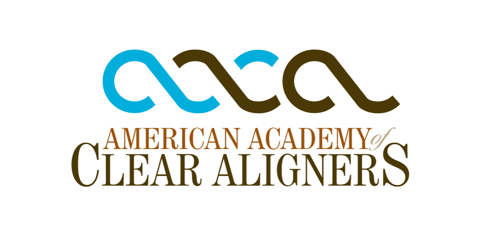 The logo of the American Academy of Clear Aligners. It features the acronym 'AACA' in stylized letters, with the first and third letters in blue and the second and fourth letters in brown. Below the acronym, the full name 'AMERICAN ACADEMY of CLEAR ALIGNERS' is written, with 'AMERICAN ACADEMY' in brown and 'CLEAR ALIGNERS' in black.