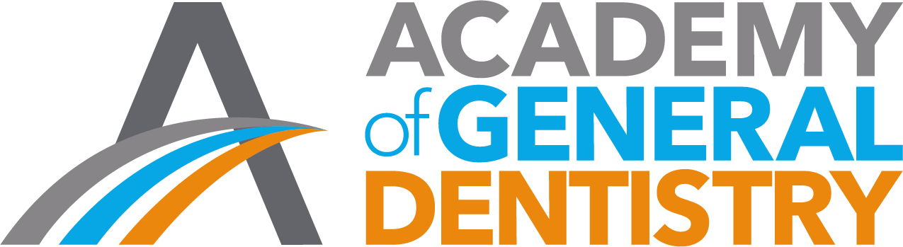 The logo of the Academy of General Dentistry. It features a large, stylized letter 'A' with three curved lines in gray, blue, and orange extending from the left side of the 'A'. To the right of the 'A', the text 'ACADEMY of GENERAL DENTISTRY' is written, with 'ACADEMY' in gray, 'of' in light blue, 'GENERAL' in blue, and 'DENTISTRY' in orange.